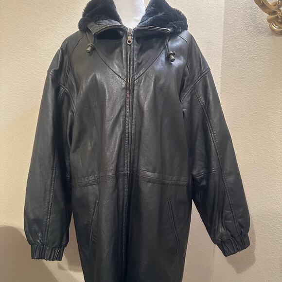 IZZY - Ladies Black 100% Genuine Leather Fur Hooded Zip Jacket Size Medium/Large - Picture 5 of 16